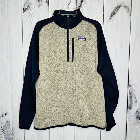 Patagonia Fleece Jacket Mens Sz L Better Sweater 1/4 Zip Pullover Blue Tan - Picture 1 of 7